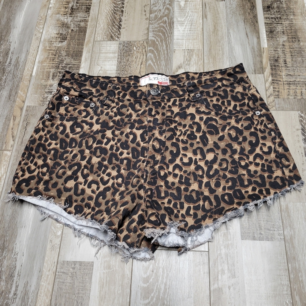 13 Love Cult Leopard High Rise Cut Off Raw Fringe Hem Stretch Denim Shorts